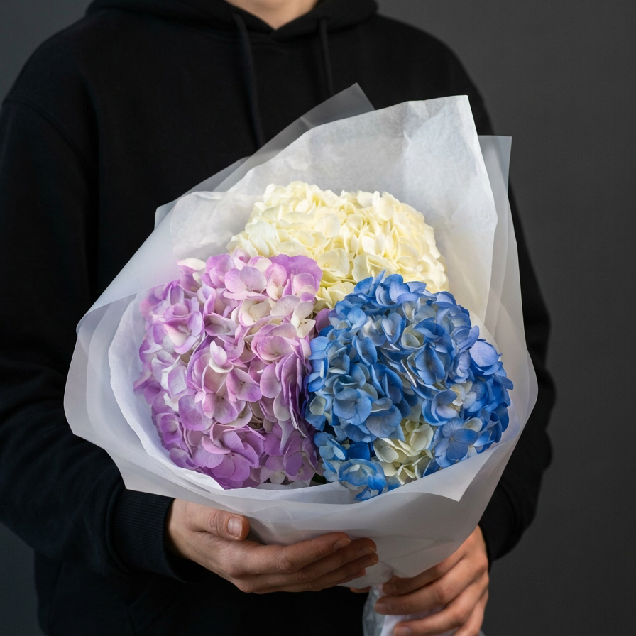 Букет из разноцветных гортензий