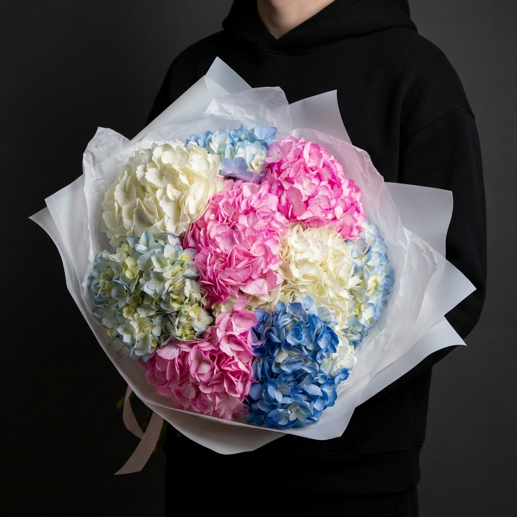 Букет из разноцветных гортензий