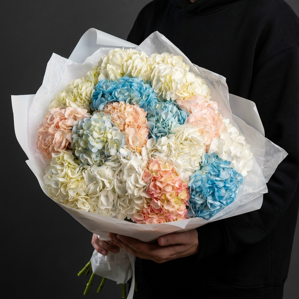 Букет из разноцветных гортензий