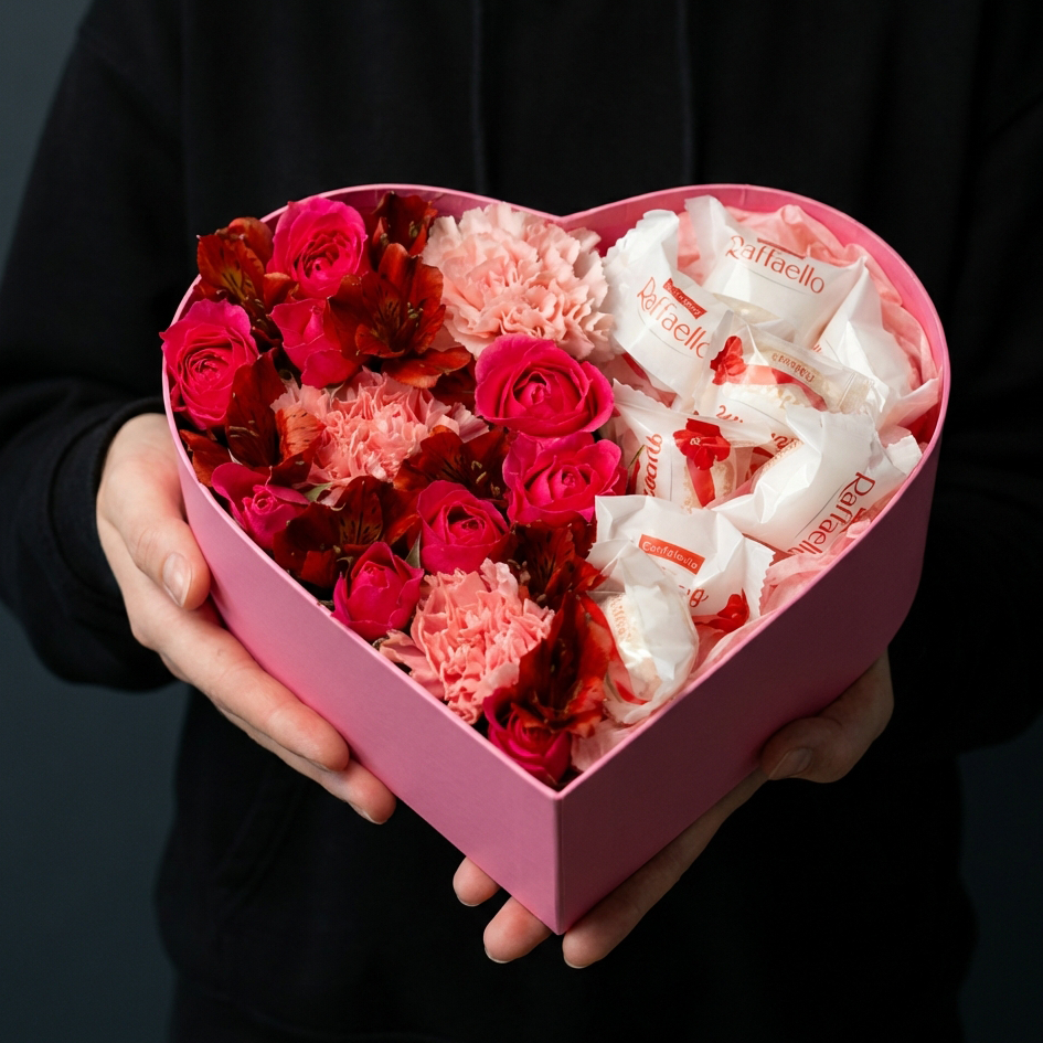 Коробка-сердце с розами, гвоздиками и конфетами