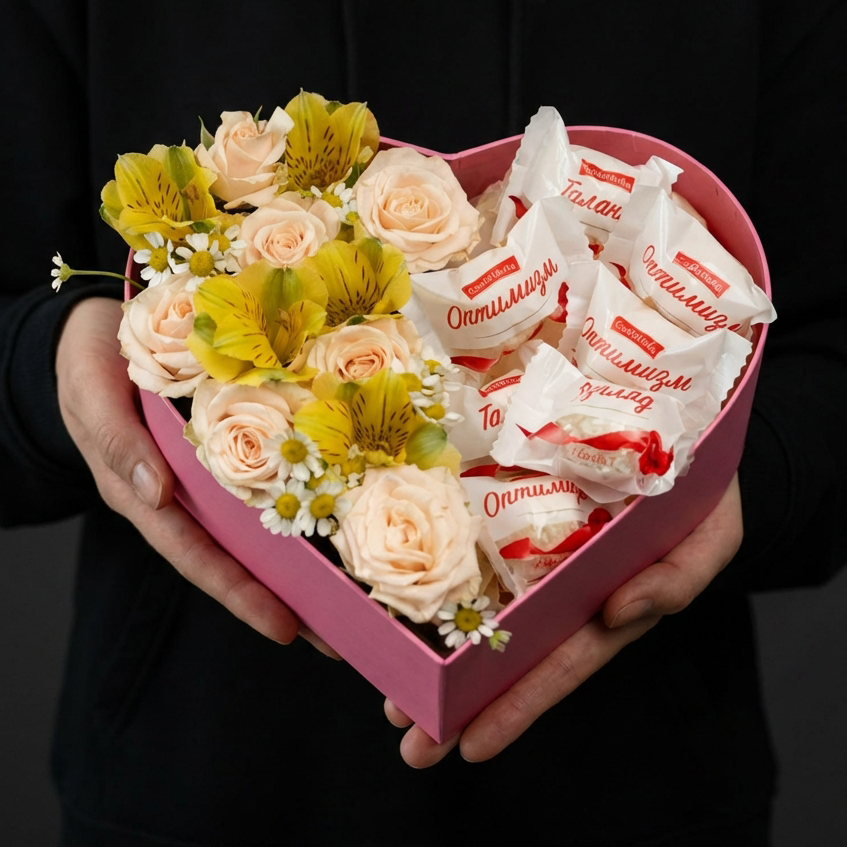 Коробка сердце с розами, альстромериями и конфетами