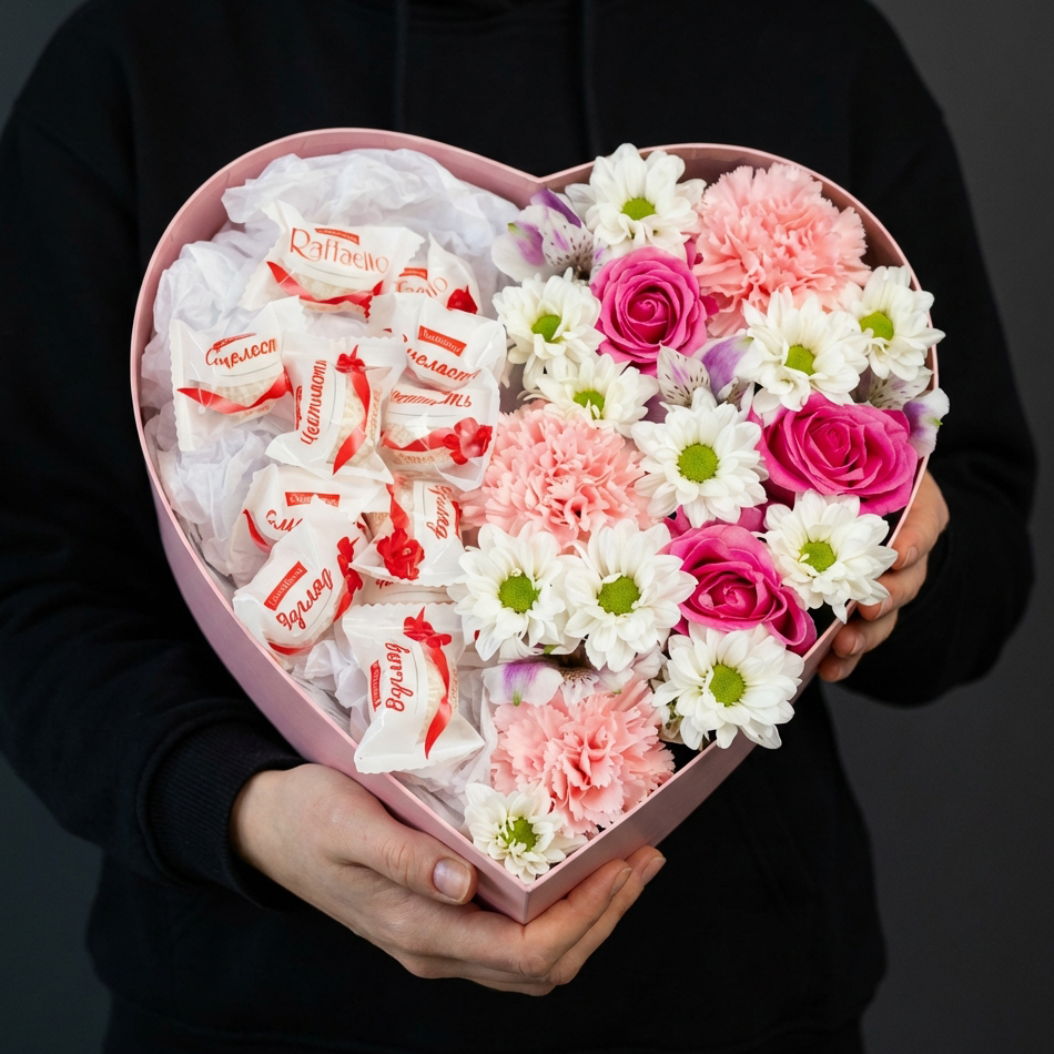  Коробка-сердце с розами, хризантемами и конфетами