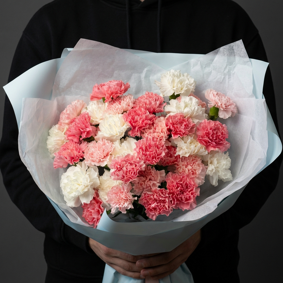 Букет с белыми и розовыми гвоздиками