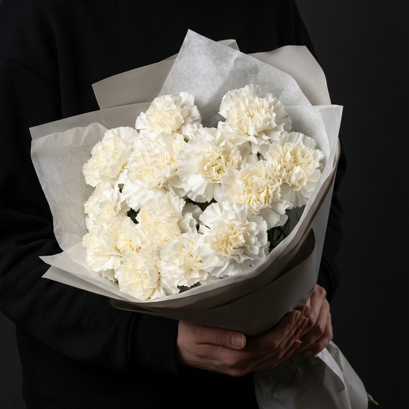 15 белых гвоздик в яркой упаковке